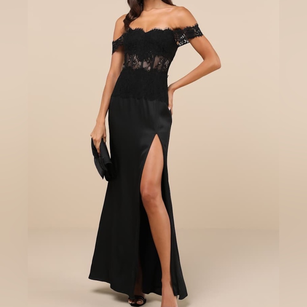 NWT Lulus Black Exceptionally Exquisite Lace Off the Shoulder Gothic Maxi Dress